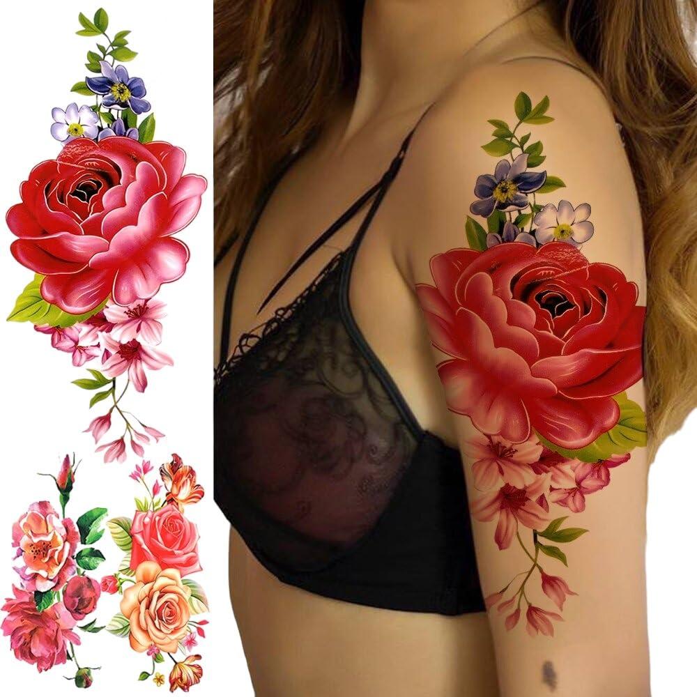 Generic Watercolor Peony Flower Temporary Tattoos For Women Girls 3D Anemone Dahlia Rose Tattoo Sticker Body Sexy Tatoo Half Sleeve