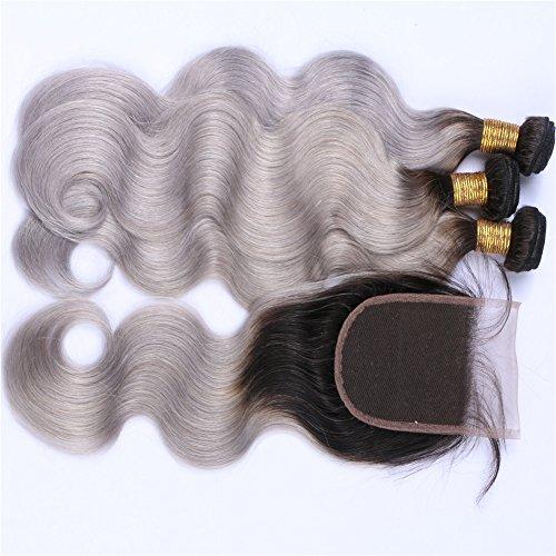 Tony beauty hair Tony Beauty Hair Silver Grey Ombre Brazilian Human Hair Wefts With Closure Body Wave Dark Roots 1B/Grey Ombre 4x4 Lace Closure With 3 Bundles 4Pcs Lot (24 24 24 with 20)
