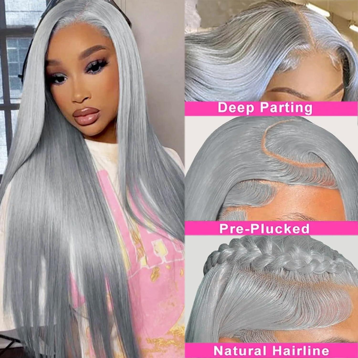 Benafee Grey Lace Front Wigs Human Hair 13x4 HD Transparent Lace Front Wigs for Black Women 32 Inch Gray Color Straight Human Hair Lace Frontal Wigs Pre Plucked with Baby Hair True 180% Density Glueless Wig