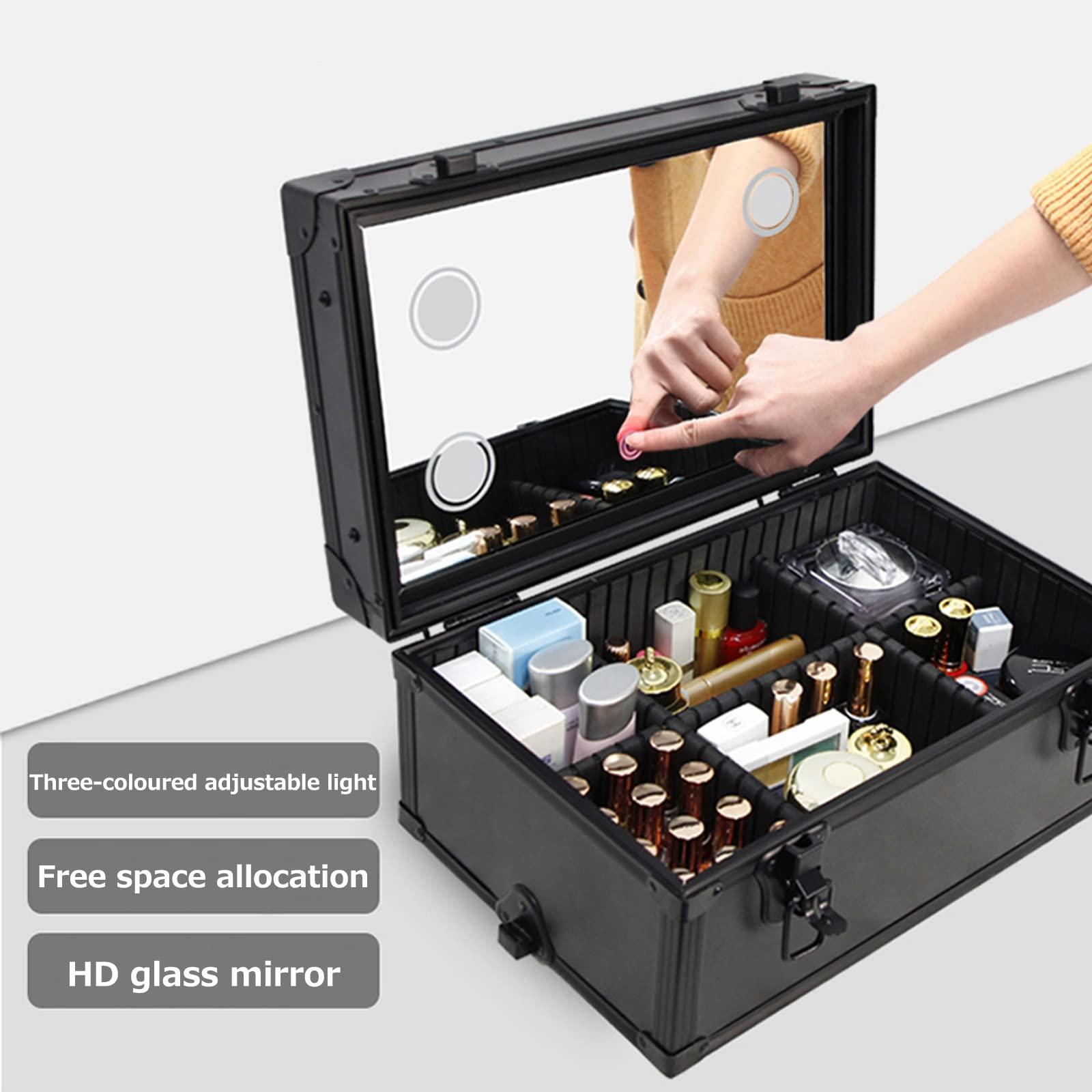 HJXGQJM HJXGQJM Rolling Makeup Trolley Train Case Cosmetic Suitcase Nail Tech Box For Makeup Artist, Aluminium Make Up Case, Combination Make-up Case,Cosmetic Case With Mirror And Light,Black cosmetic case