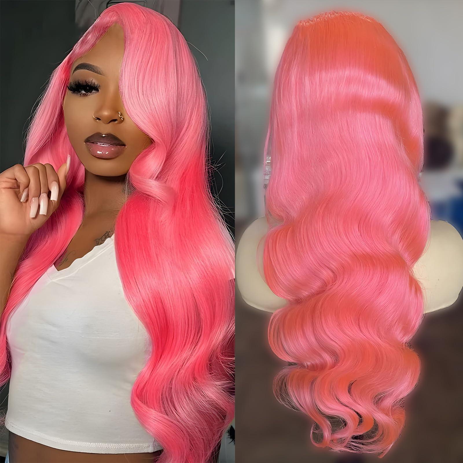 Boyusijf Pink Lace Front Wig Human Hair 13x4 HD Transparent Lace Front Body Wave Pink Wigs Human Hair for Women Pink Human Hair Lace Front Wig 180% Density Pre Plucked with Baby Hair Colored Wig 22 Inches