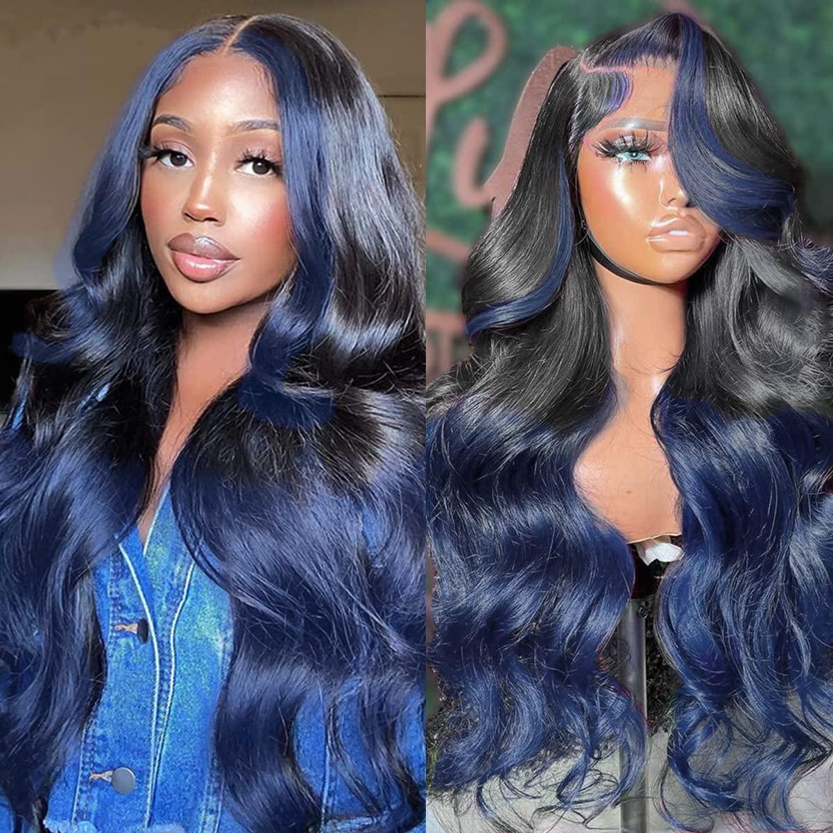 Colorful Bird Colorful Bird Skunk Stripe Blue Lace Front Wigs Human Hair Body Wave 30 Inch Ombre Royal Blue 13x4 Lace Front Wigs 150% 1B/blue Highlight Lace Front Wigs Human Hair Highlight HD Lace Frontal Wigs