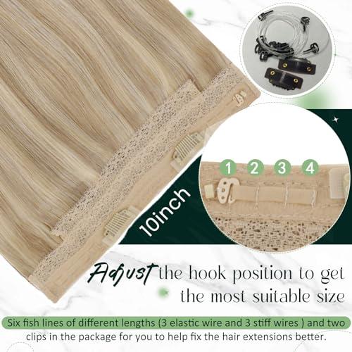 RUNATURE RUNATURE Wire Human Hair Extensions Dark Blonde Highlight Golden Blonde Fish Wire Hair Extensions Real Human Hair Invisible Wire Hair Extensions 16 Inch 80g