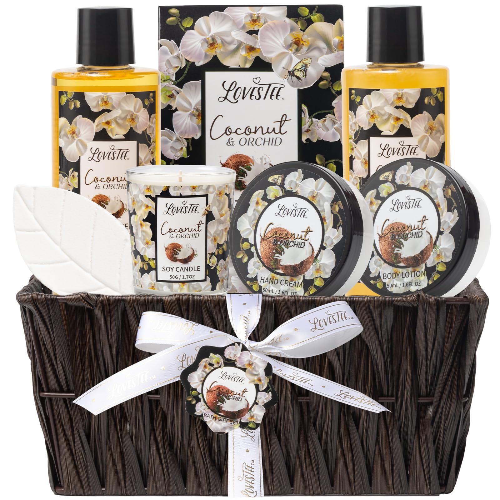 LOVESTEE Valentines Day Spa Gift Baskets For Women, Spa Gifts For Women, Coconut & Orchid Bath & Body Set, Includes Shower Gel, Hand Cream, Body Lotion, Candle And More, Gifts For Women, Gift For Mom