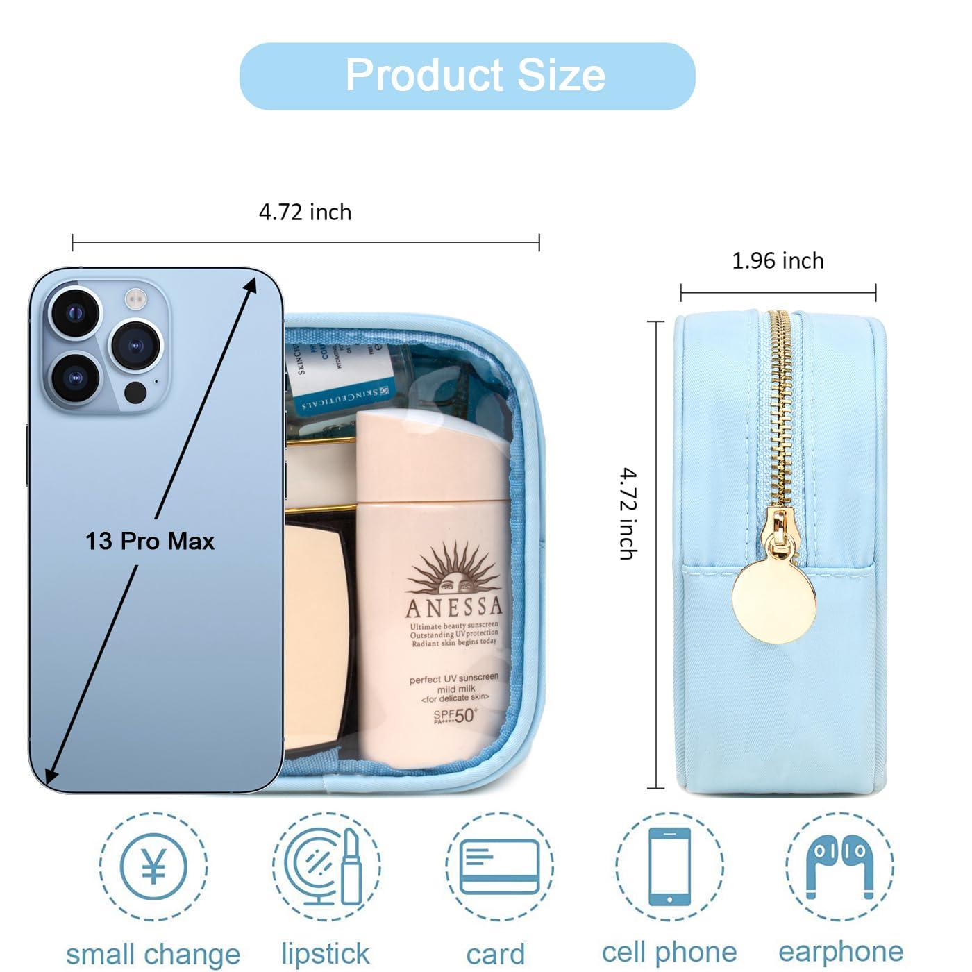 FFpaw FFaw Small Clear Makeup Bag, Nylon Mini Cosmetic Bag Small Makeup Bag for Purse TSA Approved Travel Toiletry Bags with Zipper Cute Makeup Bag Organizer Car Organizer Bag for Women Girls (Blue Mini)