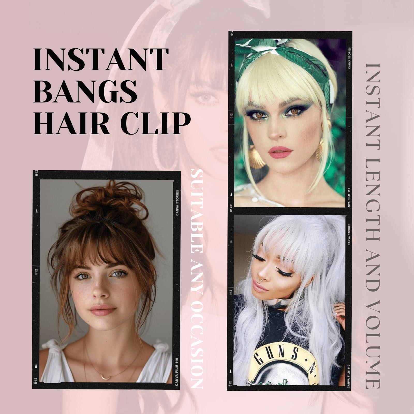 VAVANGA VAVANGA French Hair Bangs Clip on, Silver Grey Long Wispy Bangs Hair Clip with Temples Natural Fringe Neat Bangs Hair Clip Hair Piece Long Bangs Clip in Hair Extensions for Women(Silver Grey)