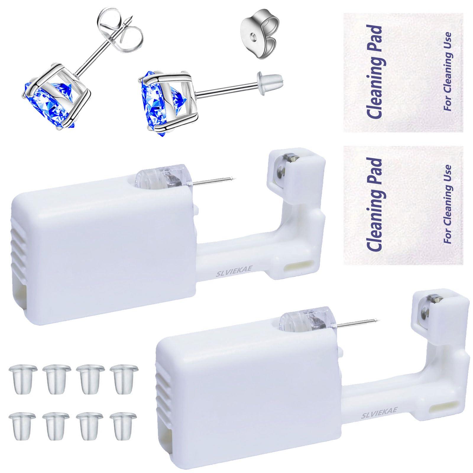 SLVIEKAE Ear Piercing Kits Disposable Ear Piercing Gun Kits No Pain Easy Use Ear Piercing Gun Kit Tool with Multi-Sized Gold Silver CZ Earring Studs (Blue)