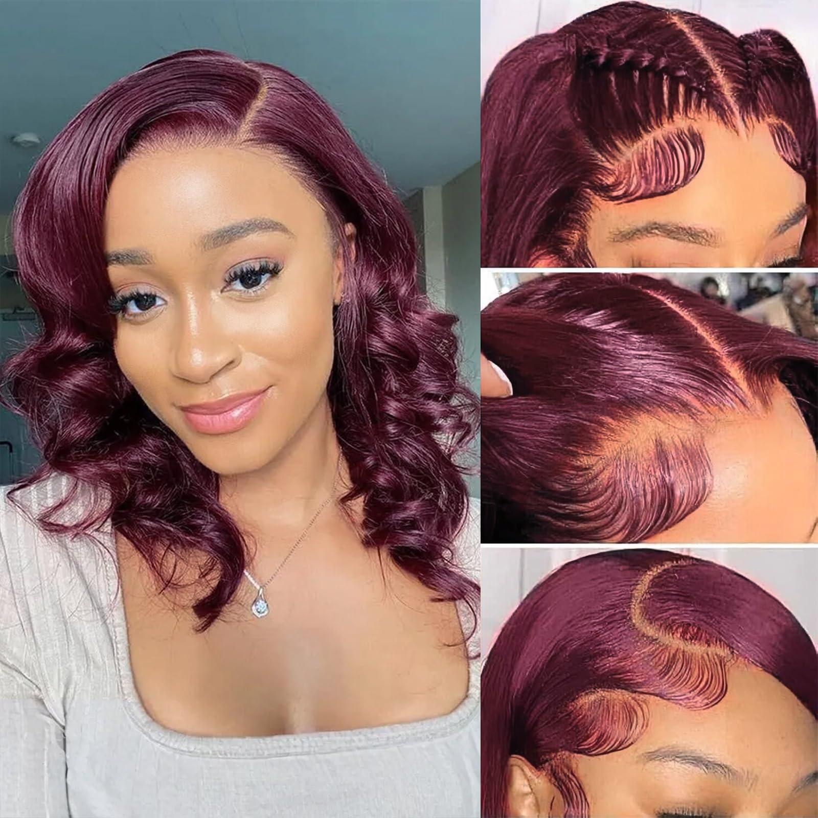 Tinashe Tinashe 99J Burgundy Bob Wig Human Hair 56 Frontal Lace Wig Human Hair Glueless Pre Plucked with Baby Hair Loose Body Bob Wigs for Black Women 180% Density Pre Cut Lace Pre Bleached Knots-12 inch