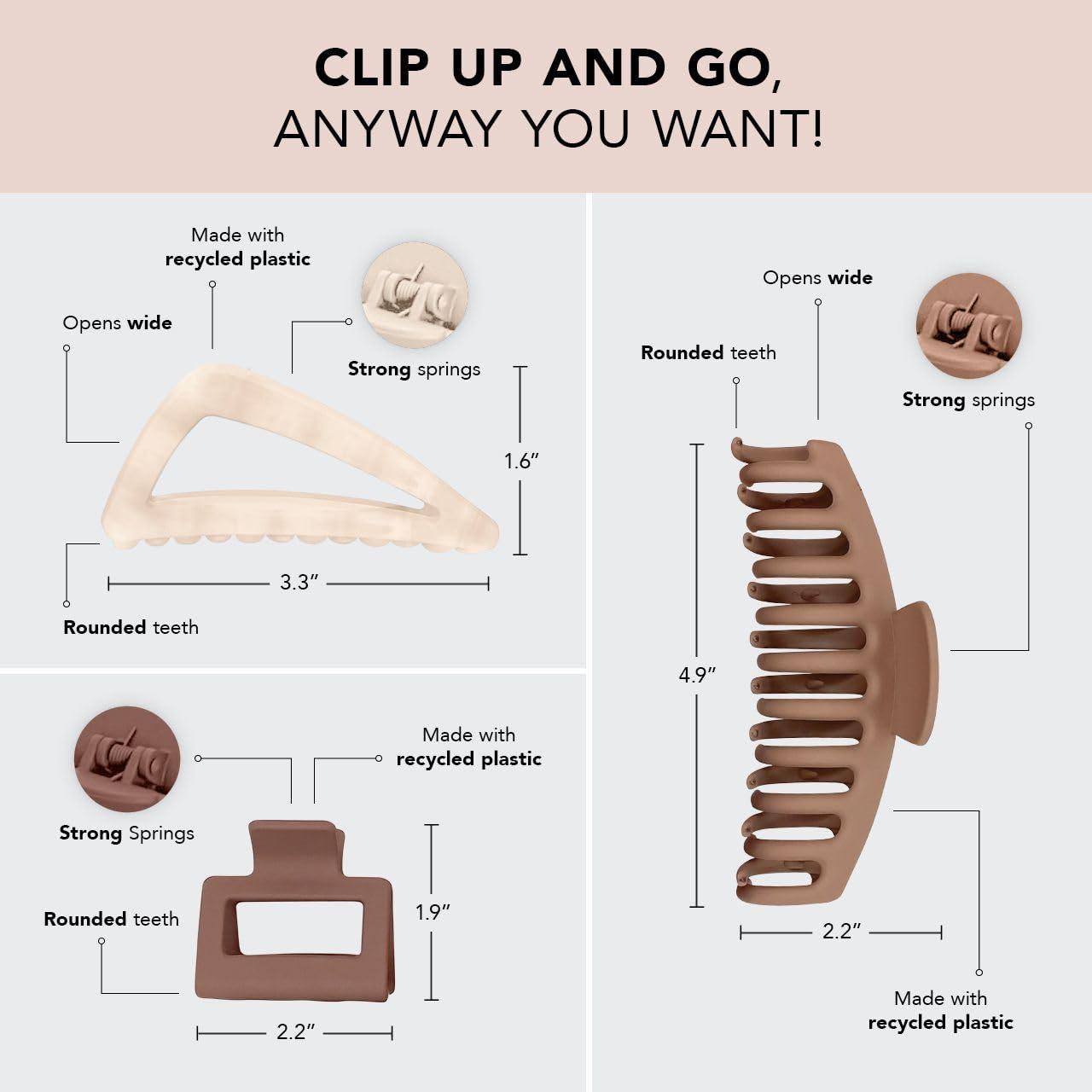 Kitsch Kitsch Large Assorted Hair Clips for Women, Medium Open Shape Hair Claw Clips for Thick Hair, Small Open Shape Hair Clip & Big Claw Clip for Teen Girls, 3 pcs