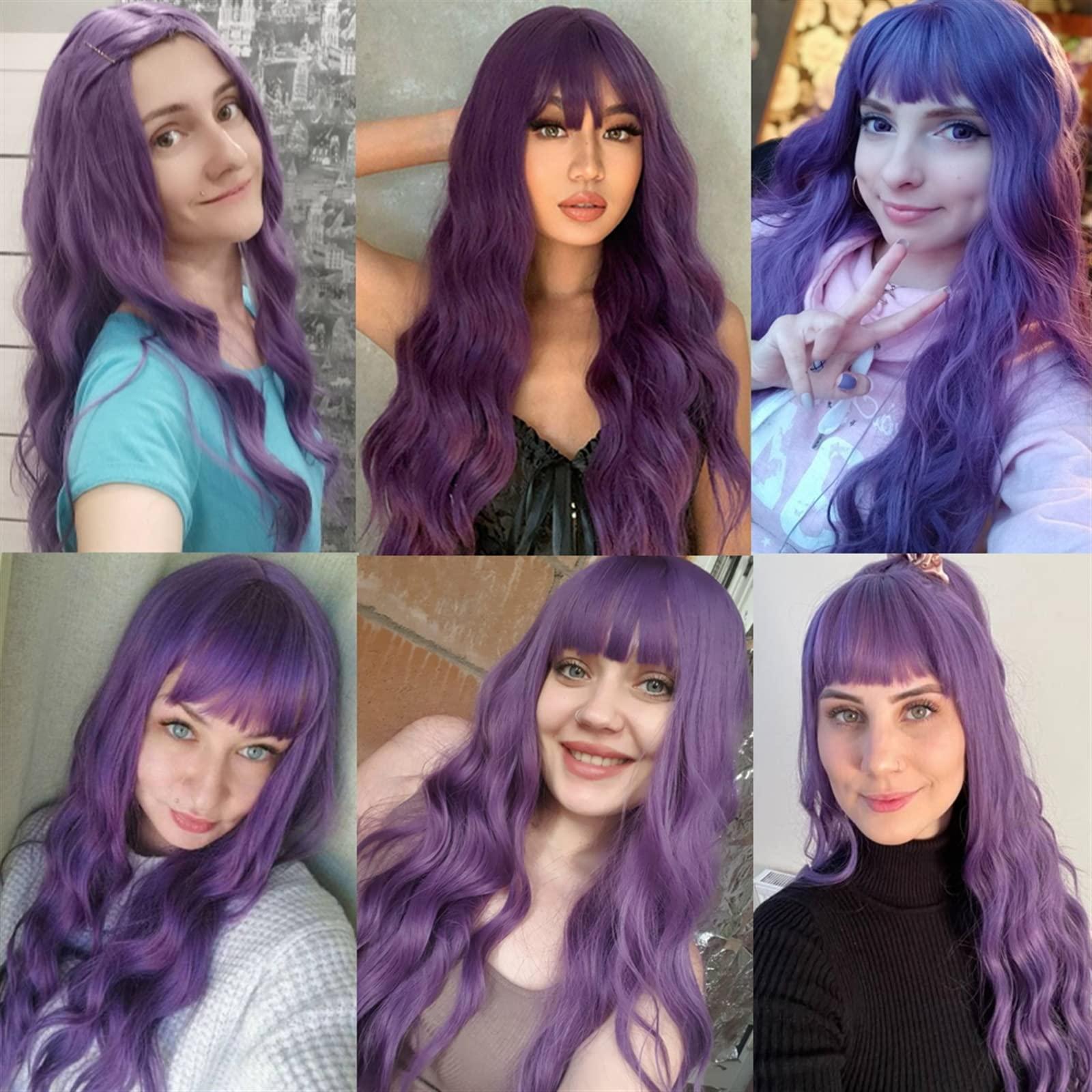mengli-99 mengli-99 Wigs for Women Dark Purple Synthetic Wig with Bangs for Women, Super Long Body Wavey Hair Wigs Soft Breathable Heat Resistent Fiber Wigs for Daily Cosplay Party Wig for Daily Party Use