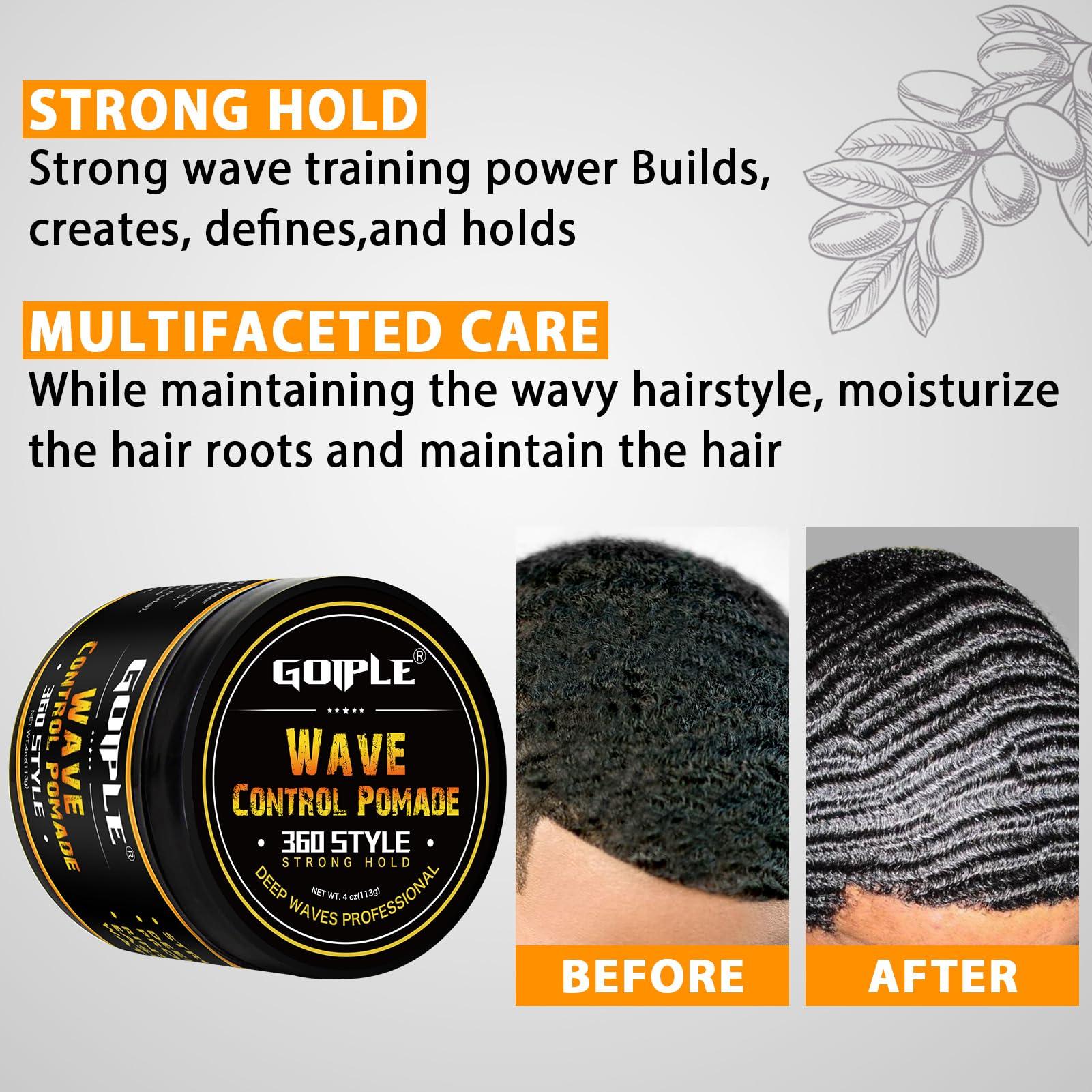 Goiple Natural Wave Pomade for Men Strong Hold, Easy Wash 360 Wave Training Hair Cream, Waves Grease for Men Promotes Layered Waves, Moisture, Control and Silky Shine with Rosemary Oil for Hair Growt Set