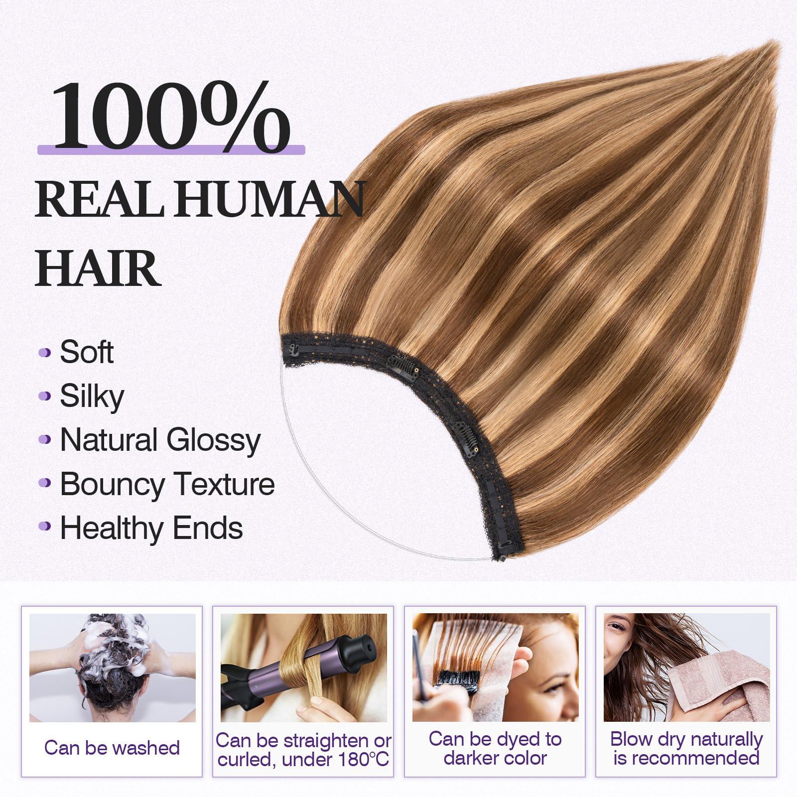 prokyvity Halo Hair Extensions Real Human Hair,Prokyvity Halo Hair Extension 100% Human Hair,Halo Extensions Real Human Hair,Human Hair Halo Extensions,4P27 Medium Brown Mixed Dark Blonde 20inch