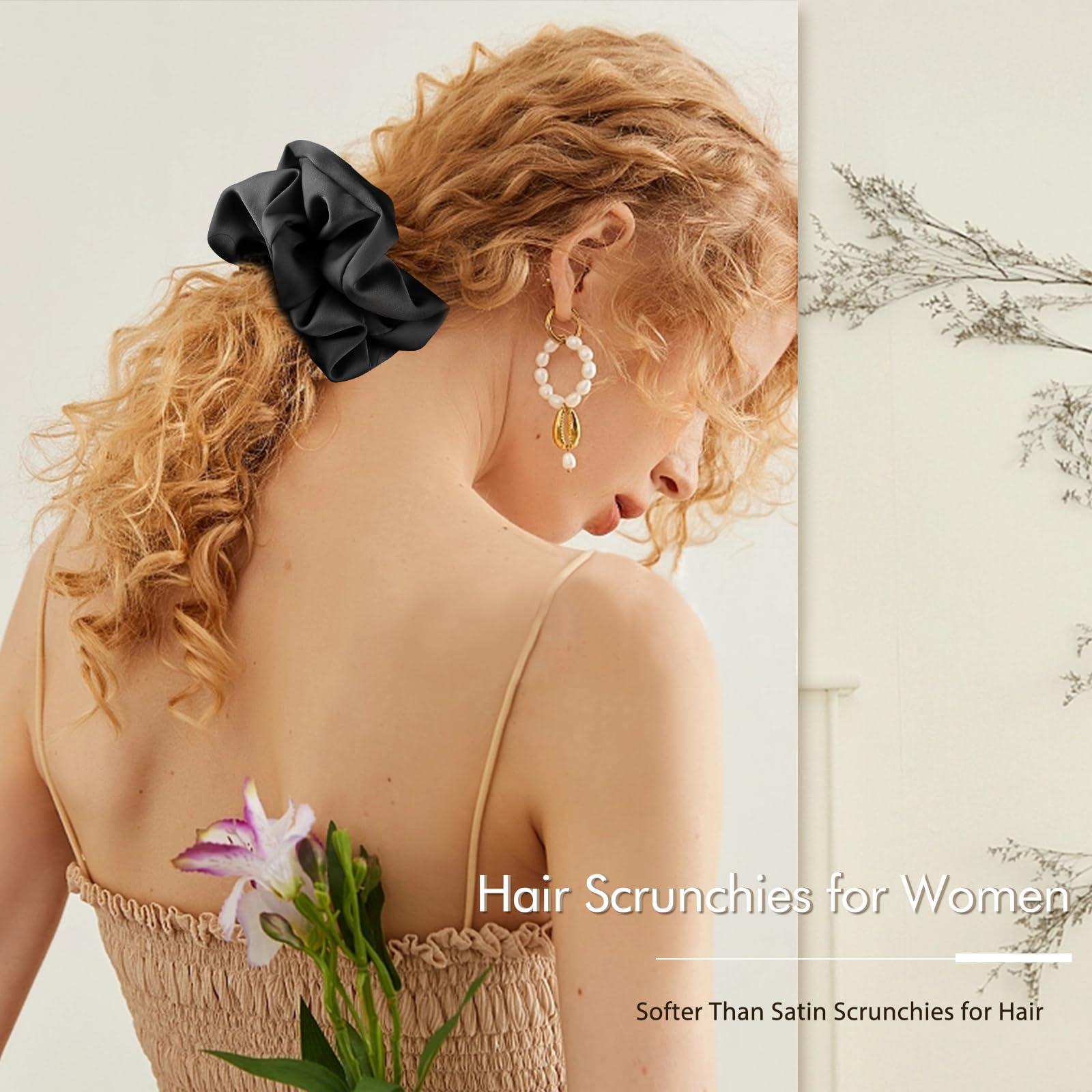 Helamvly 4PCS Large Satin Silk Scrunchies for Women - Big Glossy Scrunchie for Thick Hair Girl Hair Ties Ponytail Holders Jumbo Scrunchies (Black White Silver Champagne)