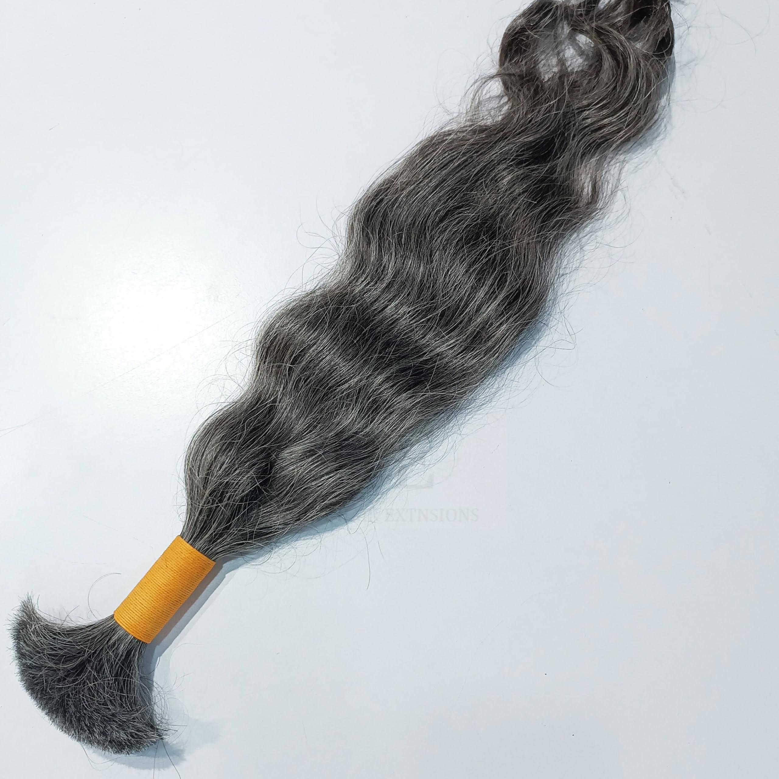Hat Hair Extensions 100% Natural Raw Unprocessed Hair Extensions (Grey), Indian Grey Braiding Wavy Human Grey Hair Extensions salt and pepper. non-sewn bulk/braid grey salt and pepper human hair. (14 Inches)