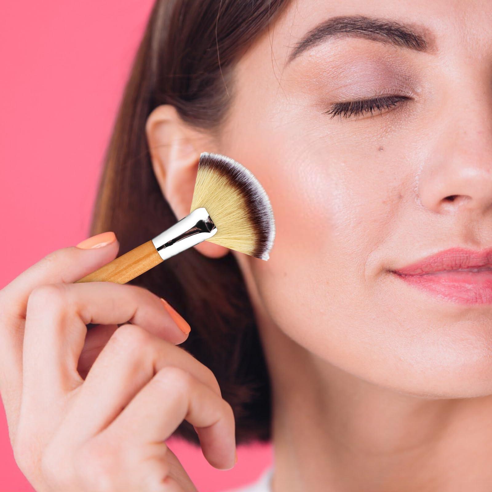 Xthrotsenk 4 Pcs Fan Brushes Facial Highlighting Make Up Brush Soft Bristle Blush Brush Esthetician Fluffy Fan Brushes Face Cosmetic Tools with Long and Short Handle for Women Loose Powder Blush