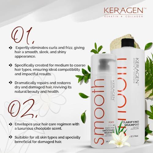 KERAGEN KERAGEN Hair Duo: Brazilian Keratin Smoothing Treatment (32 Oz) + Clarifying Shampoo (32 oz) - Forte Formula for Dry, Damaged Hair, Sulfate-Free, Eliminates Curls, Frizz