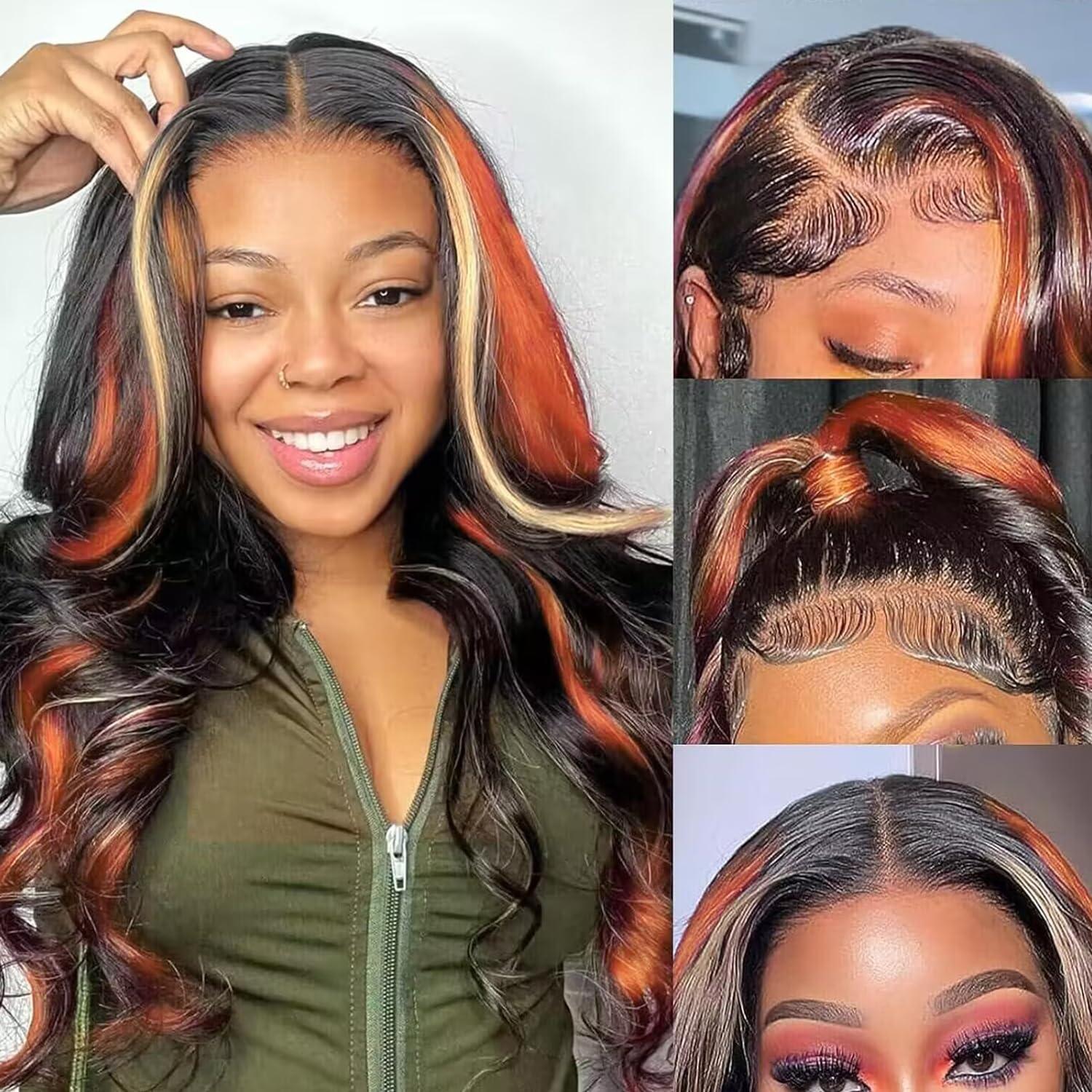 IHEREIN Black Ginger Blonde Highlight Wig Human Hair Lace Front Skunk Stripe Wig 13x4 Glueless Body Wave Lace Frontal Wig Pre Plucked For Women Black Highlights Honey Brown Ginger Wig 22 Inch 150% Density