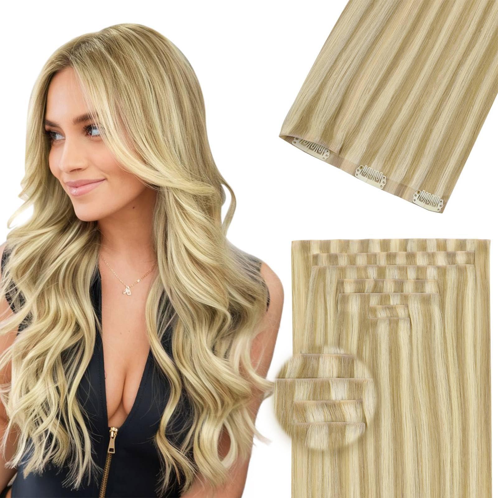 DOORES DOORES Seamless Clip in Hair Extensions 14 inch 110g 7pcs, Light Blonde Highlighted Golden Blonde Virgin Human Hair Clip in Extensions, Invisi Edge Clip in Hair Extensions