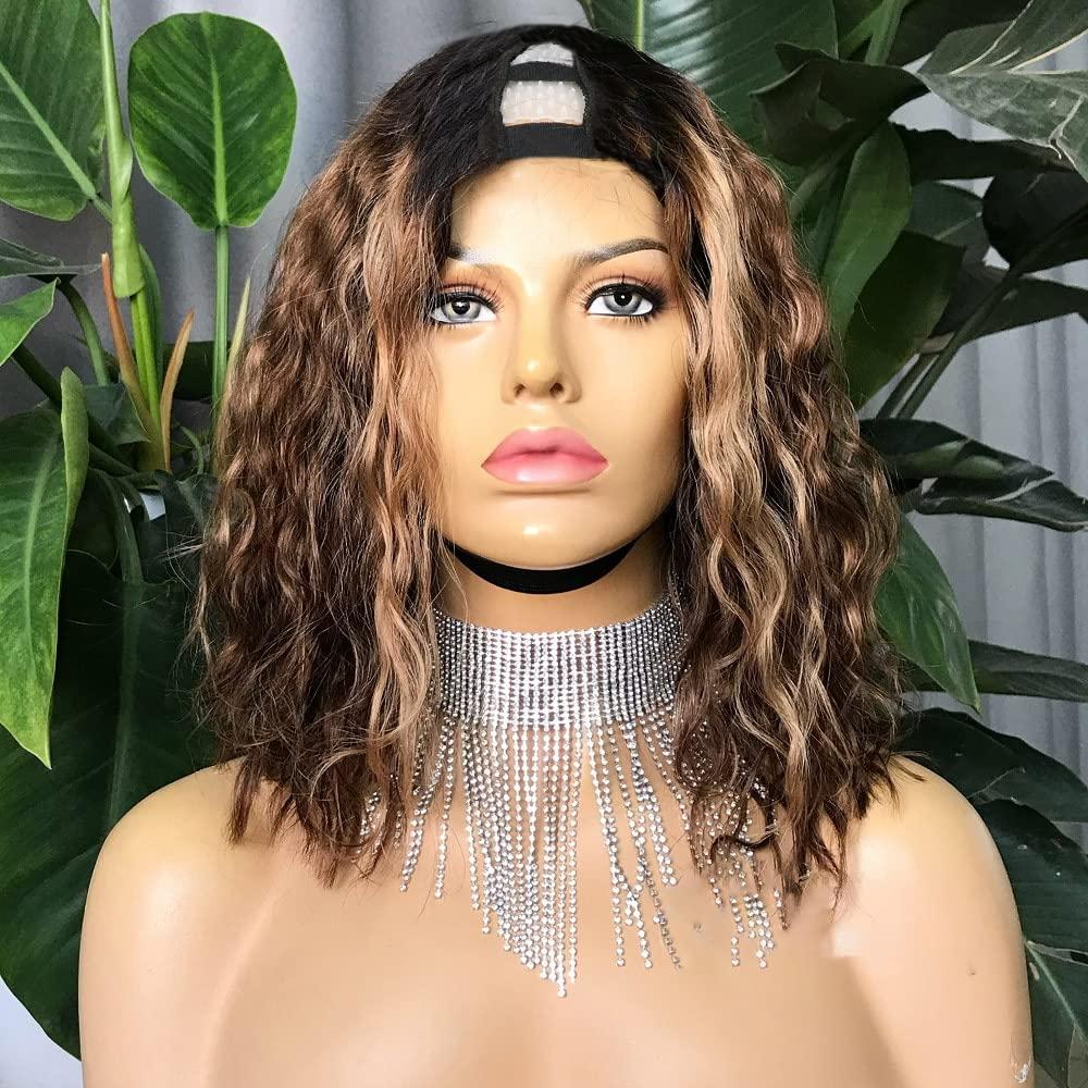 HAOKE Short 1bT4/27 Water Wave Wigs Human Hair 2x4 U Shape Middle Part Human Hair for Black Women 150% Density Beginner Friendly No Sew in NO Glue(10 inch,1BT4/27)