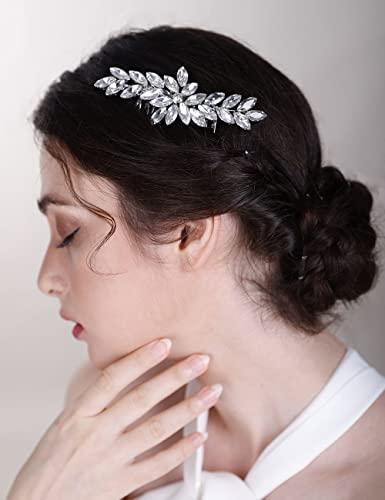 Chargances Chargances Wedding Brides Crystal Hair Comb Bridesmaid Silver Rhinestone Flower Hair Side Comb Fahsion Handmade Hair Accessories for Women Girls Porm Head Pieces (Silver)