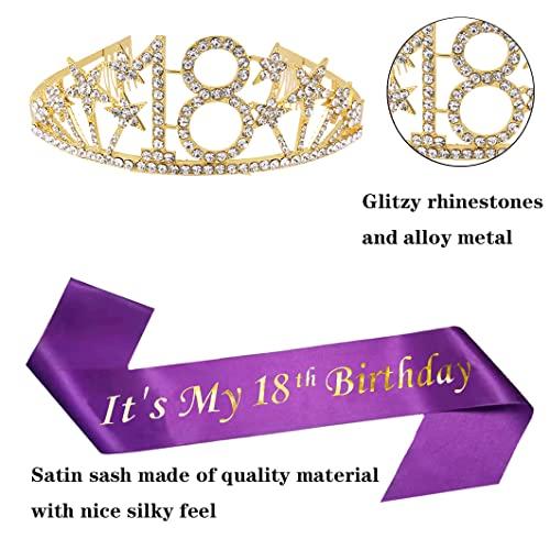 Mayin Happy 18th Birthday Tiara and Sash Gifts Crystal Rhinestone Princess Crown Birthday Girl Party Favor Supplies Gold Crowns Purple Sash