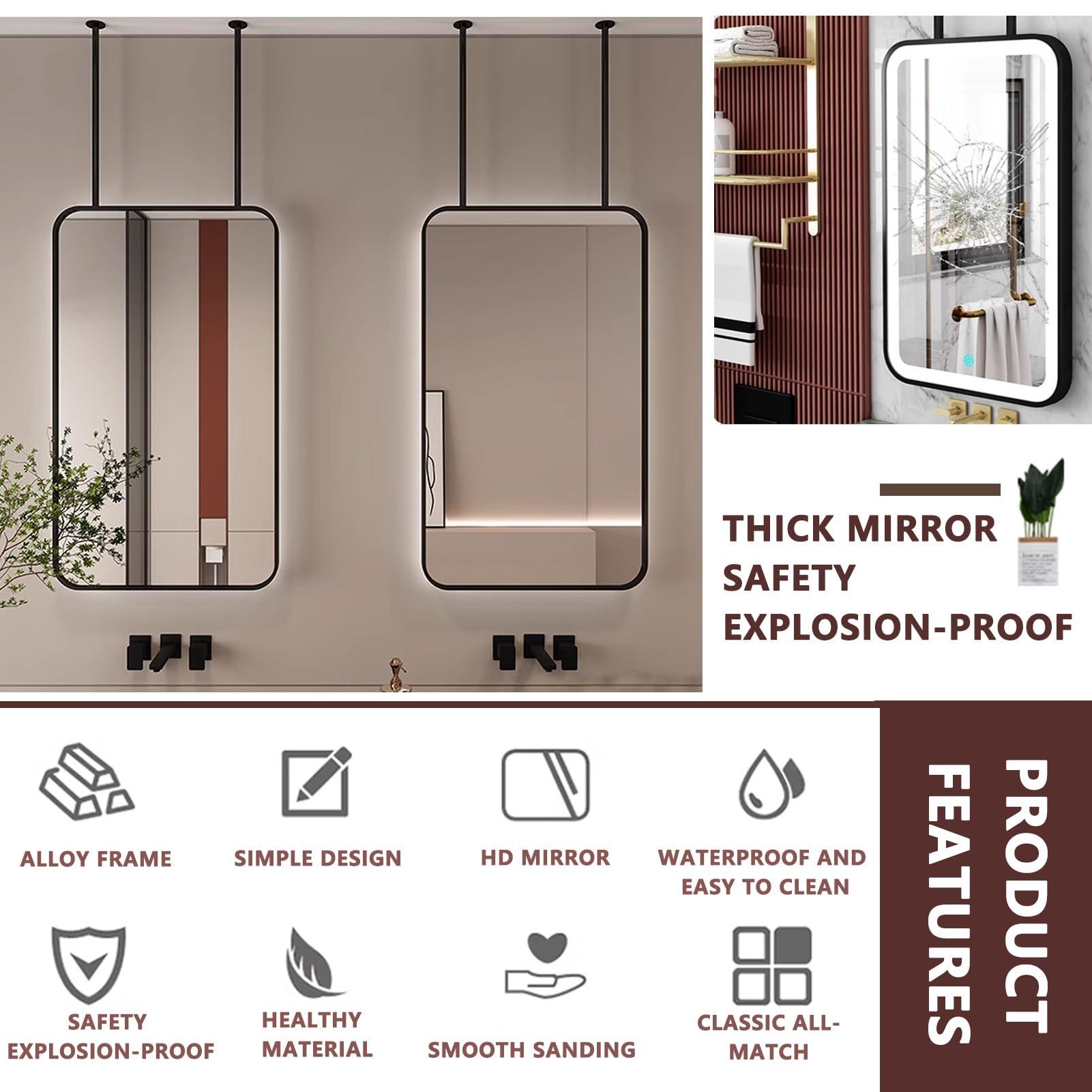 Gaommini Gaommini Ceiling Mounted Mirror Rectangular with Black Metal Frame, Square Mirror Hanging Rod Mirror for Bathroom Makeup Shaving, Wall Decorative Mirrors (Size : 40cmx60cm)