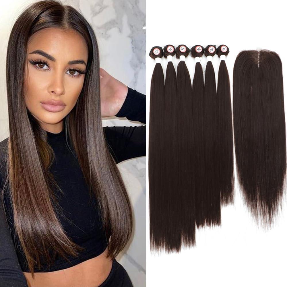 UGORGEOUS Synthetic Hair Bundles with Easy Closure Medume Brown Yaki Straight Hair Weft Weave for Women Heat Resistant Fiber Synthetic Hair Extension 7pcs for A Full Head Total 240g