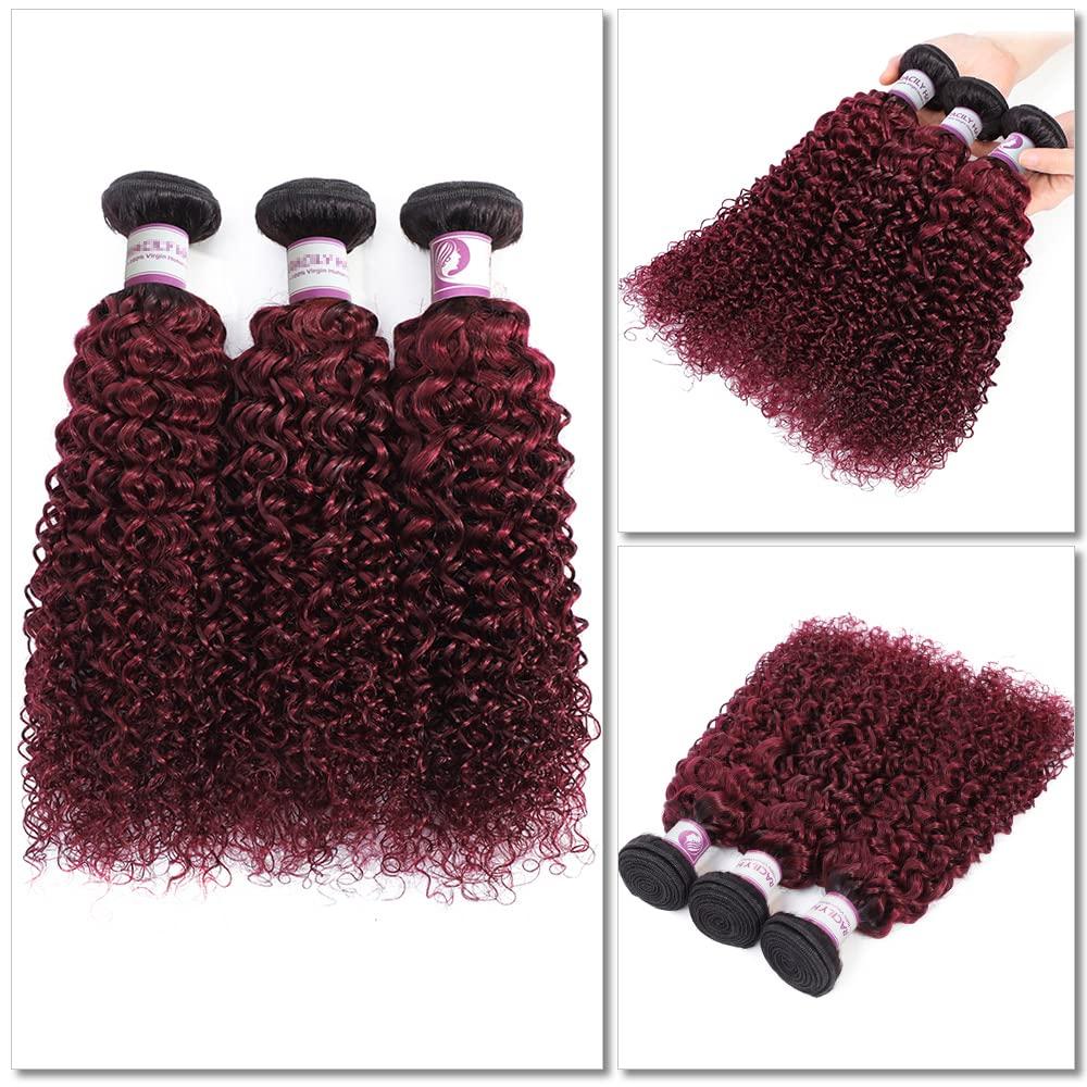 ALISFEEL Ombre Dark Red Curly Weave Human Hair 3 Bundles 99J Brazilian Curly Hair 100g/Bundles Burgundy Kinky Curly Human Hair Extensions for Black Women (18"20"22")