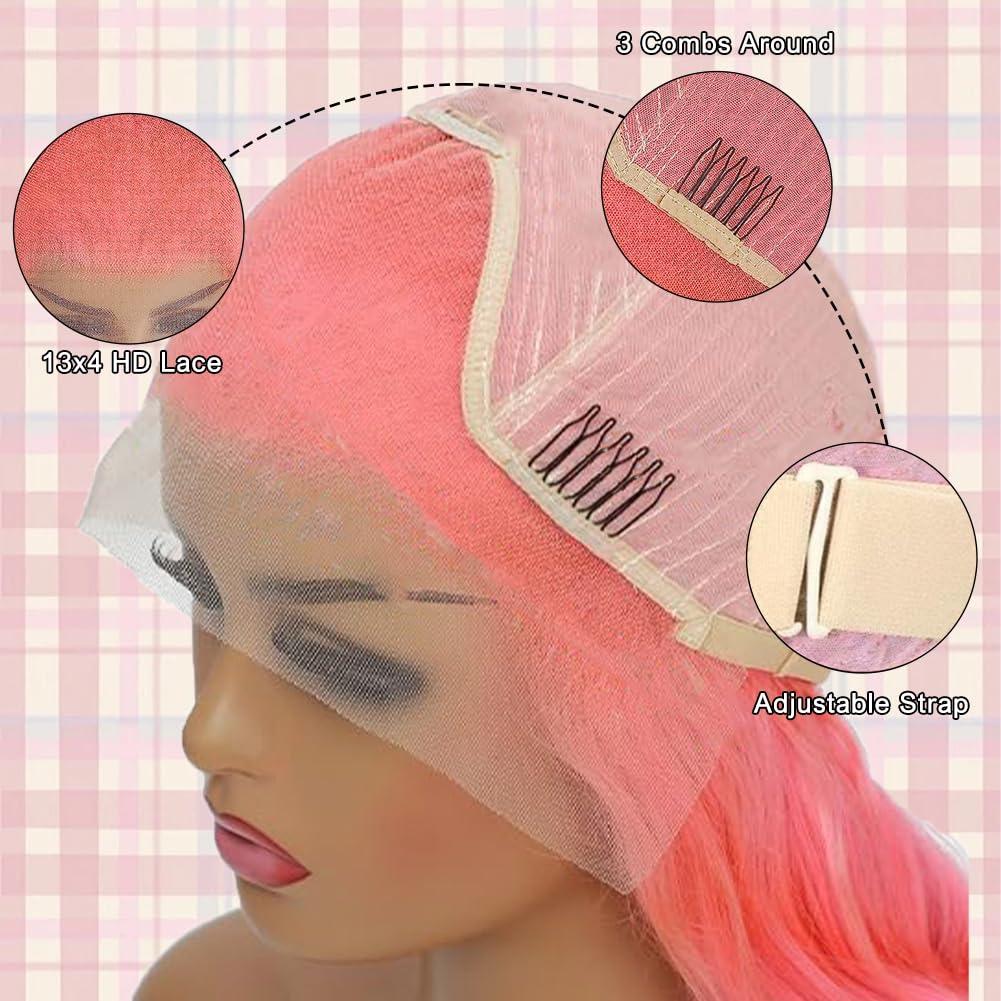 MUGOHK MUGOHK Pink Lace Front Wig - Human Hair, 24 Inch, Straight, HD Lace Frontal, Pre-Plucked with Baby Hair, 150 Density