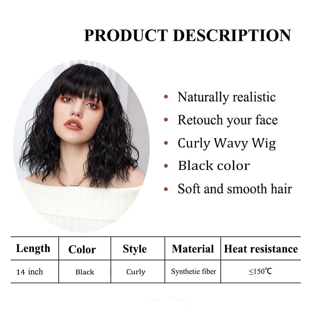 Haoland Short Black Hair Wig,Shoulder Length Bob Curly Wavy Black Wig With Bangs for Women, Charming Heat-resistant Synthetic Hair Wigs for Date Daily Use