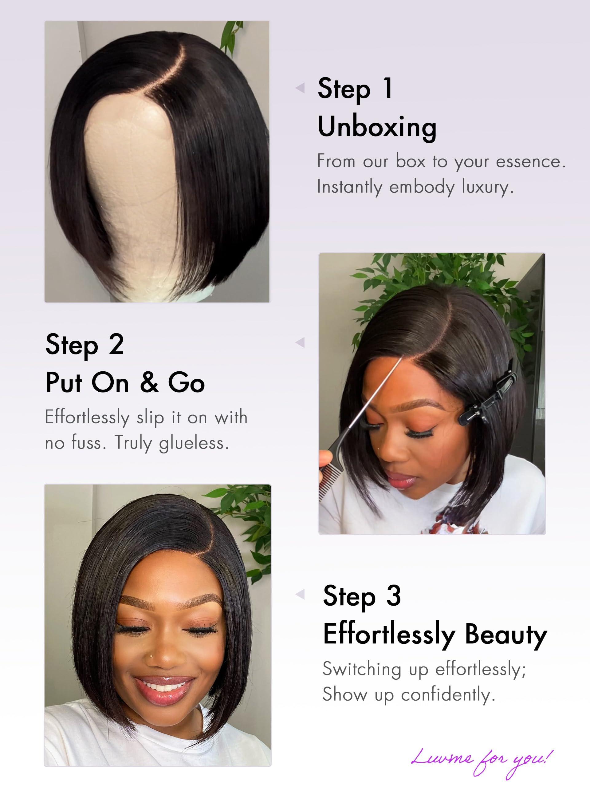 LUVME HAIR LUVME HAIR 8\'\' Blunt Cut Bob Wig Human Hair Pre Cut Glueless HD Lace Closure Wig Pre Plucked Mature Boss Side Parted Straigh Human Hair Short Wigs For Women