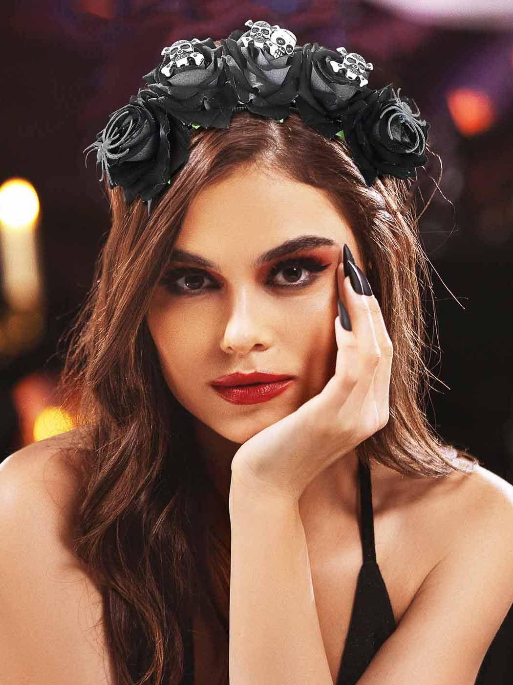 Woeoe Woeoe Halloween Skull Headband Black Rose Flower Costume Day of the Dead Headpiece Spider Mexican Floral Crown for Women and Girls