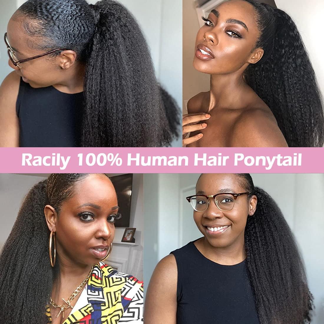 R RACILY HAIR R RACILY HAIR Drawstring Ponytail for Black Women Human Hair Straight Kinky Ponytail Wrap Drawstring Yaki Extensions Clip on Afro Full Hair Pieces 110g/set False Hair (12\")