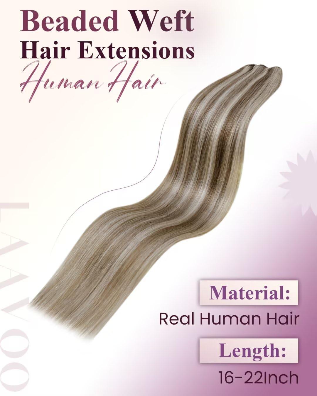 LAAVOO LaaVoo Beaded Weft Hair Extensions Human Hair Micro Bead Hair Extensions Real Human Hair Light Brown with Platinum Blonde Beaded Weft Human Hair Extensions Straight Weft Extensions 50G 20Inch