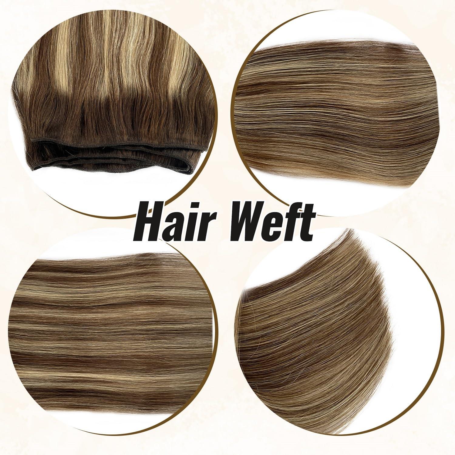 Benafee Hand Tied Weft Hair Extensions Human Hair 22 Inch 120 Gram Sew in Hair Extensions Real Human Hair Bundles Ombre Balayage Medium Brown to Honey Blonde Sew in Hair Bundles Real Human Hair Extensions