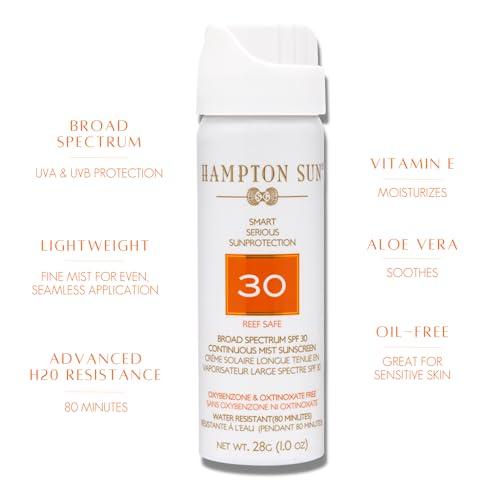 Hampton Sun Hampton Sun SPF 30 Continuous Mist Sunscreen - 1.0 oz. Travel Size, Broad Spectrum + Advanced Water/Sweat Resistance, Vitamin E + Aloe Vera, Glowy, Hydrated Finish, Oil-Free, All Skin Types