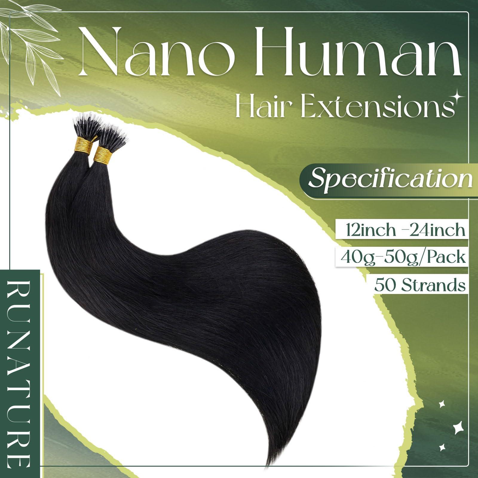 RUNATURE RUNATURE Nano Hair Extensions Human Hair 24 Inch Jet Black Nano Ring Hair Extensions Brazilian Straight Nano Bead Hair Extensions Human Hair Invisible Nano Human Hair Extensions Long 50g 50s