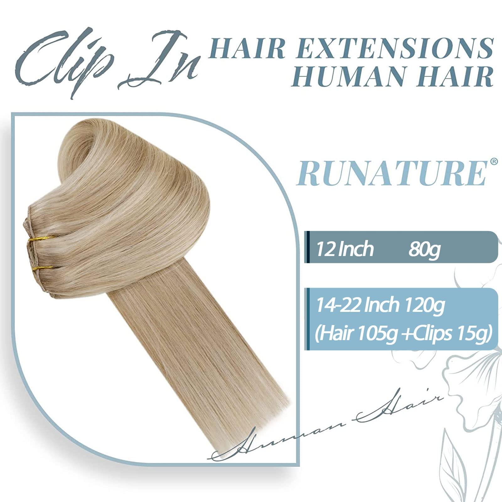 RUNATURE Light Ash Blonde Hiar Extensions Clip Ins 12 Inch Clip Hair Extensions #16p22 and #8p60 Brown with Blonde Human Hair Ponytail Extension 12 inch