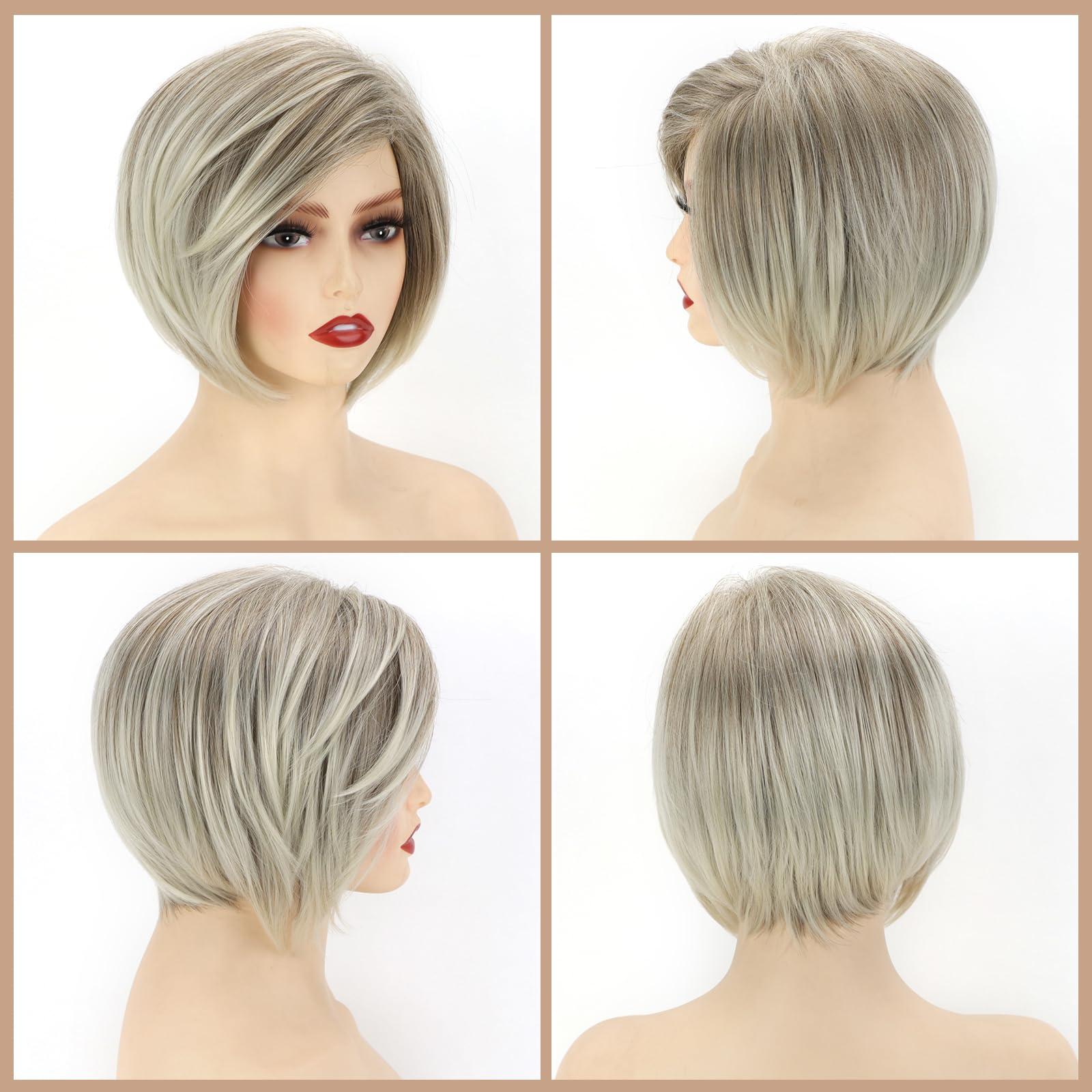 TISHINING TISHINING Layered Short Blonde Bob Wigs for White Women Chin Length Ash Blonde Side Part Pixie Bob Wig Straight Hair Synthetic Natural Looking Daily Party Wig Inverted Bob Wig