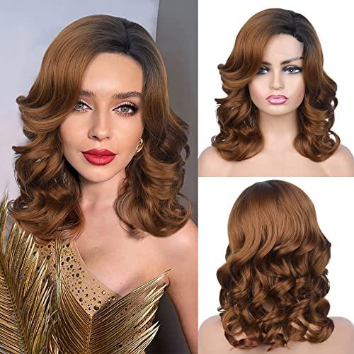HANNE HANNE Short Curly Lace Part Loose Wave Synthetic Wigs for Black Women High Density Heat Resistant Omber Brown Curly Lace Wig (1B/30#)
