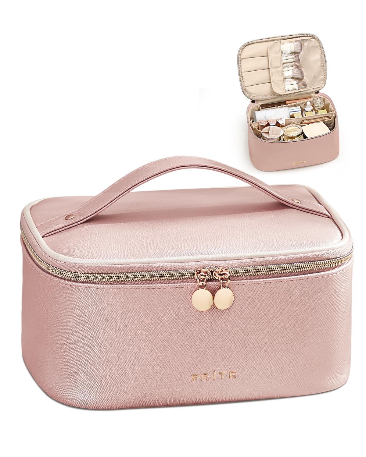 Prite Prite Makeup Bag, Large Capacity Portable Travel Cosmetic Bag, Waterproof Makeup Organizer for Women with Handle and Divider(Pearl Pink)