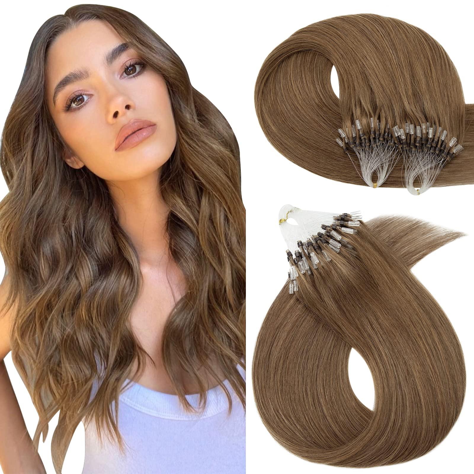 Hairro Hairro Microbead Human Hair Extensions Micro Beaded Hair Microlinks Pre Bonded Cold Fusion I Tip Micro Loop Hair For Women 14 inch 50g 100 Strands #06 Light Brown