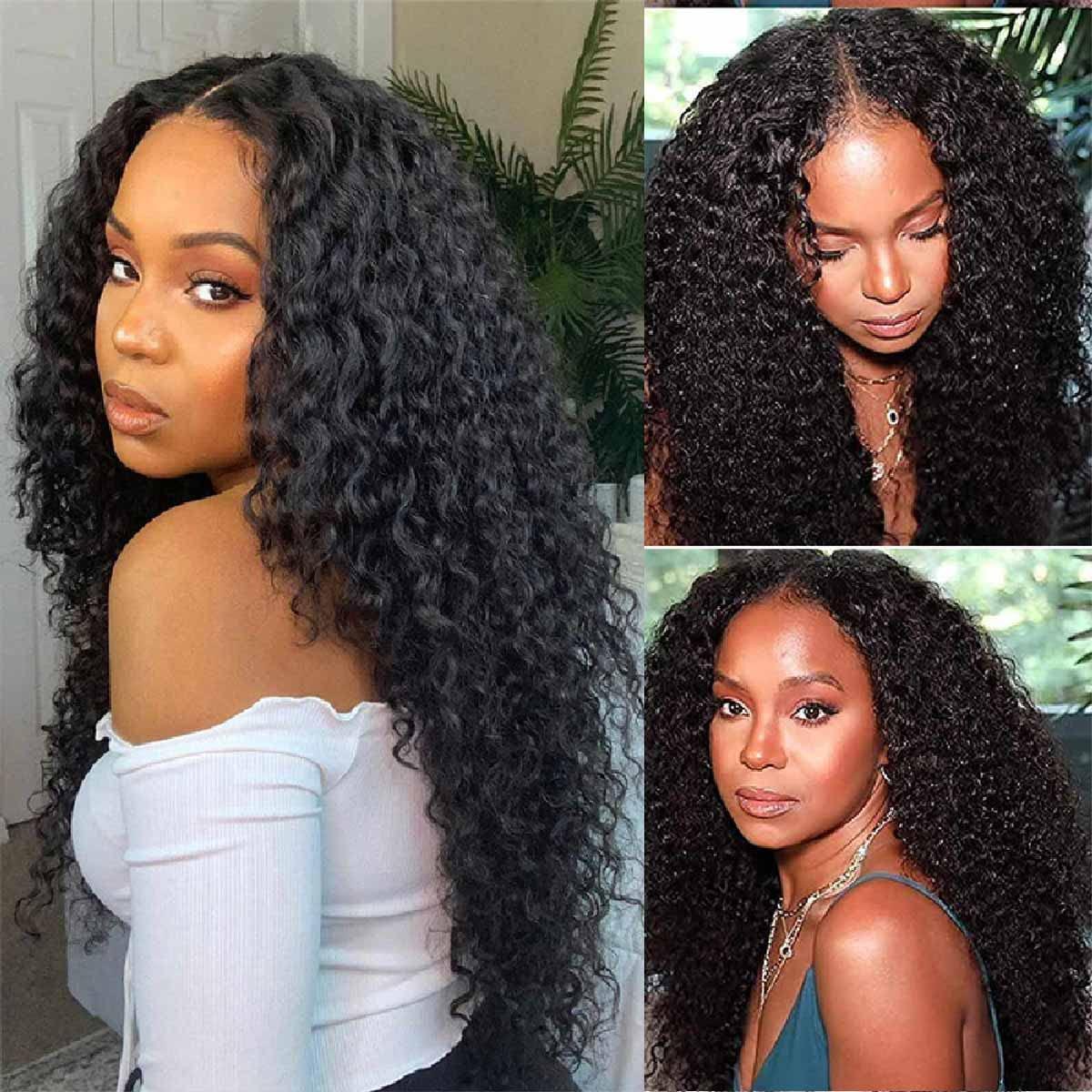 Domiso Domiso 24 Inch Curly V Part Wig Human Hair No Leave Out Thin Part Wig Glueless Wigs Human Hair Pre Plucked U part Wig Beginner Friendly No Sew in No Glue 180% Density