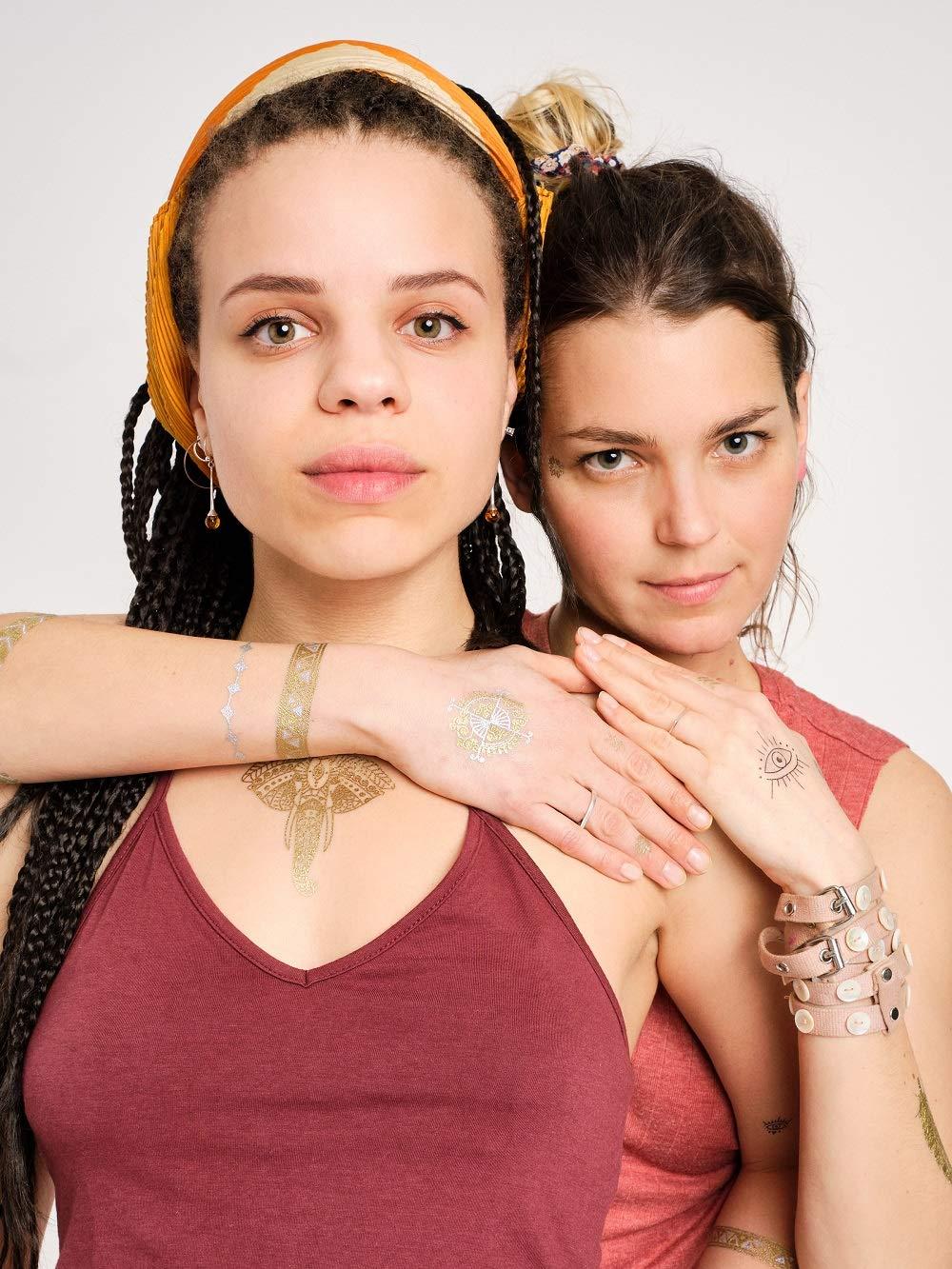 Tatsy Temporary Tattoo Set By Tatsy, The Festival Set, Shiny Glitter Gold, For Women and Men, Original, Unique Design, Cover Up, Fancy Patterns, Waterproof Tattoos, Elephant, Arrows