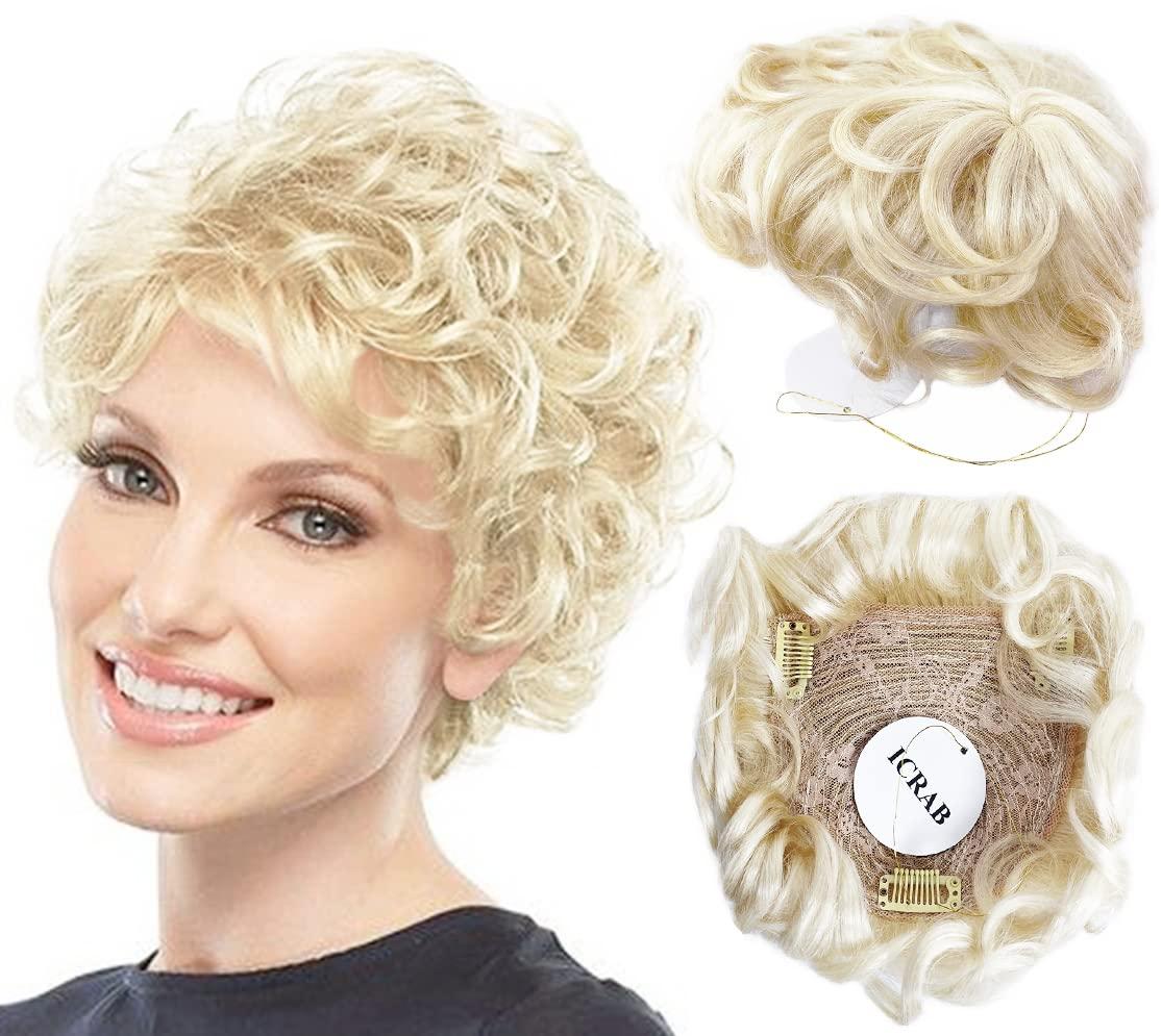 ICRAB ICRAB 6" Natural Fluffy 613# Blonde Human Hair Topper Short Curly Topper Hair Pieces Toupee Clip in Topper Human Hair Wig Topper Wavy Hair Topper Wiglets Hairpieces for Women with Thinning Hair