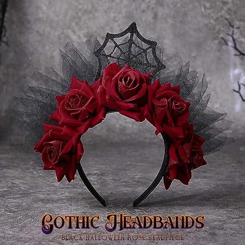 Catery Catery Gothic Floral Headband Halloween Headbands Gothic Floral Headdress Veil Headband Vampire Rose Headpiece Cosplay Masquerade Hair Accessories for Women and Girls