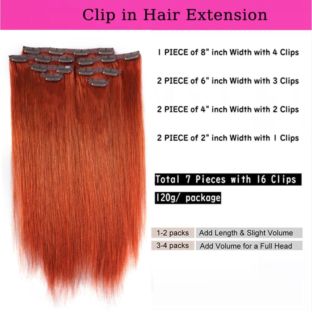 Kiss darling LASHES Straight Clip In Hair Extensions Real Human Hair 28 Inch 7pcs 120g Remy Real Hair Extension Clip ins #350 Copper Red Silky Straight Full Head Soft Natural Extension