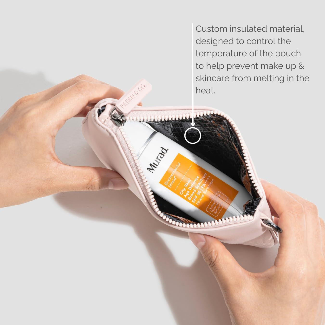 PREEN AND CO HAWAII Small, slim heat-resistant makeup beauty pouch for purse. Insulated cosmetic pouch helps protect makeup from melting, spoiling and expiring quickly. Makeup bag for car (Pouch, Nude Pink Pouch)