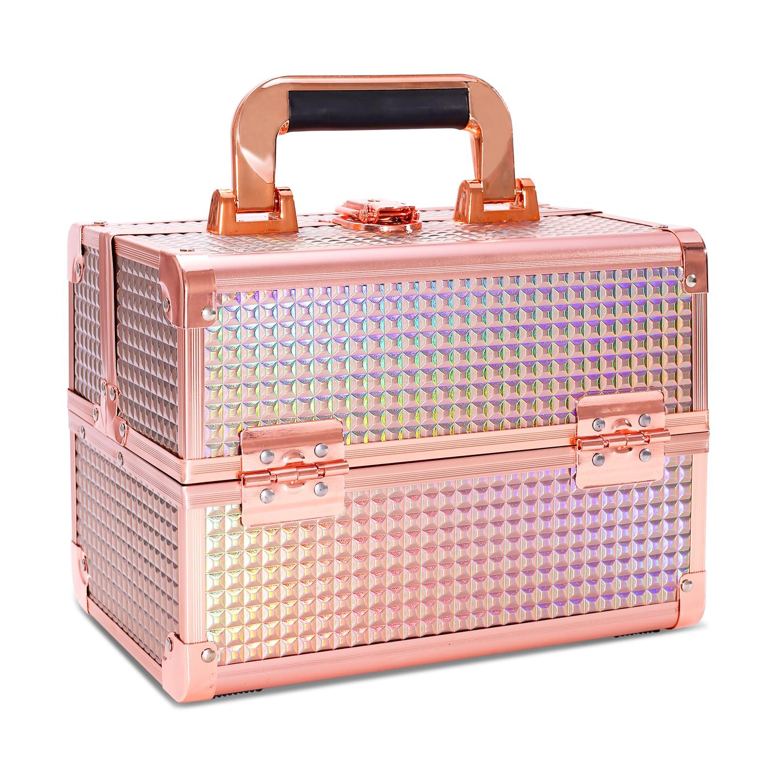 Trotianingyu Makeup Train Case Lightweight Cosmetic Box Portable Lockable Makeup Case Organizer 2 Trays Makeup Storage with Mirror Locking for Traveling Makeup Storage Box-Rose Gold
