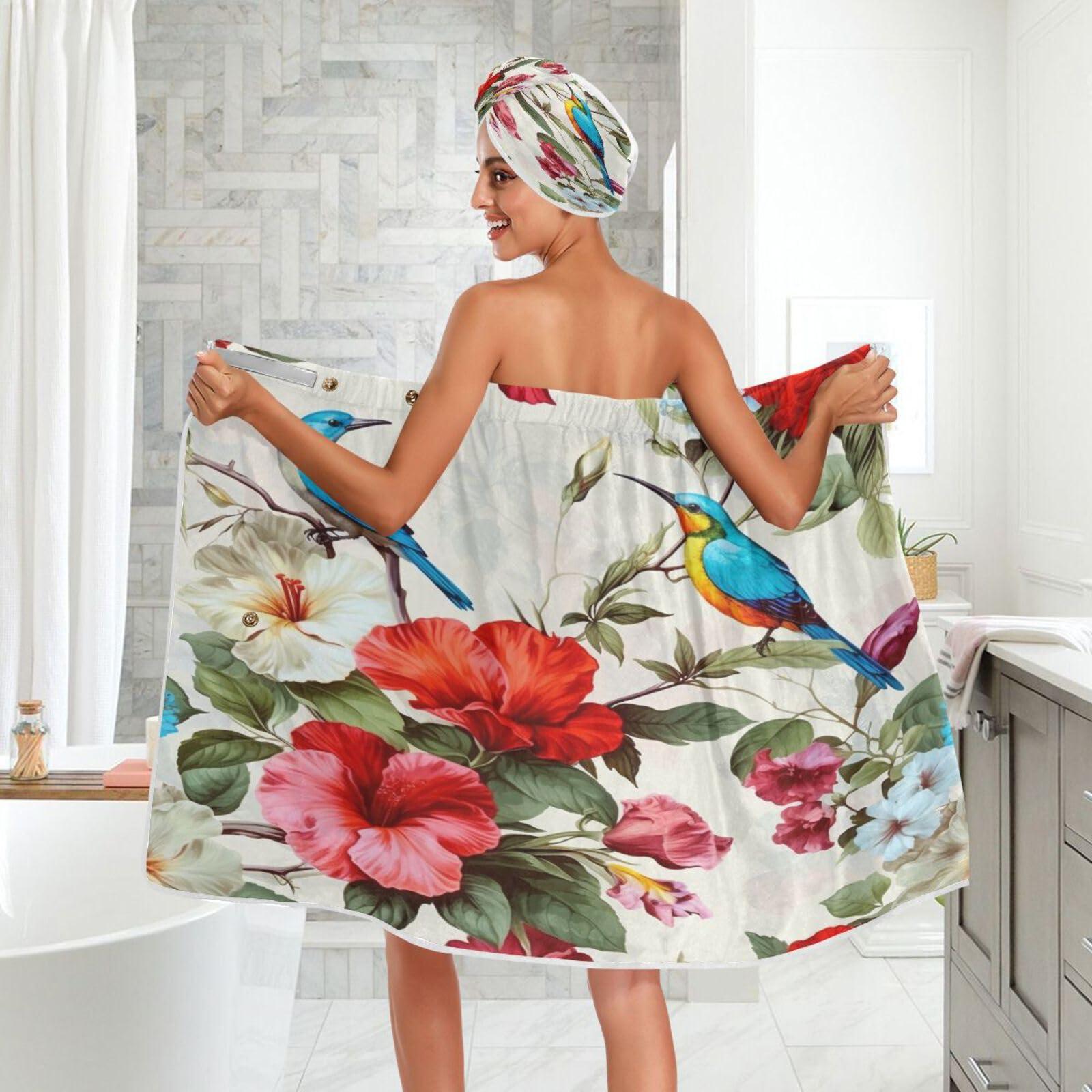Bulletgxll Bulletgxll Floral with Birds Women's Shower Wrap Towel Set of 3 Adjustable Spa Body Wrap Super Absorbent Bathrobe with Hair Towel & Headband